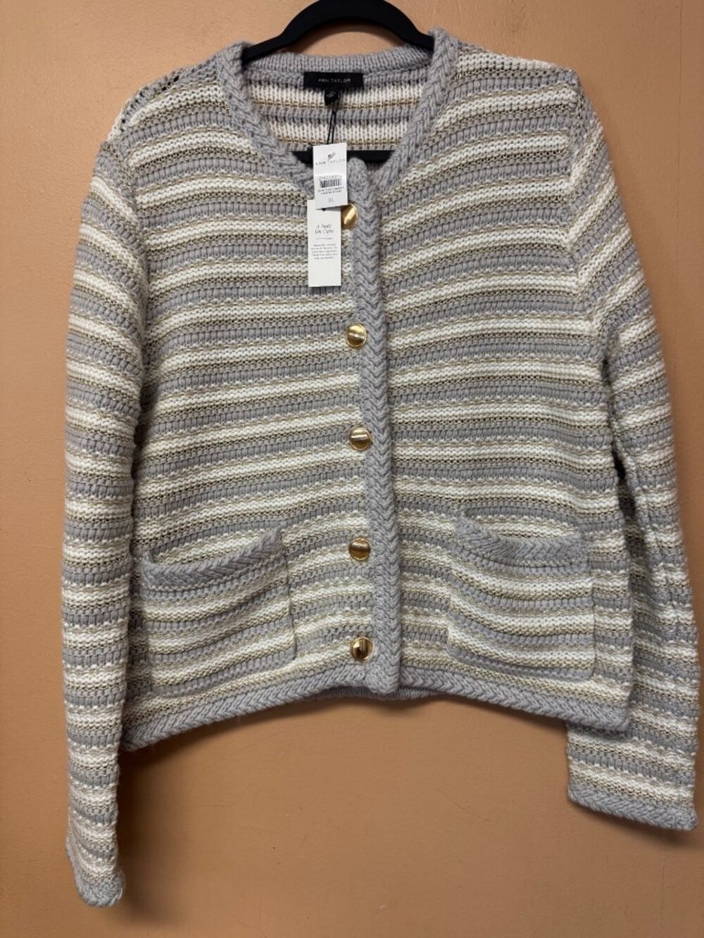 Ann Taylor Lady Jacket Cardigan XL Gray Ivory Gold Metallic Stripe Preppy